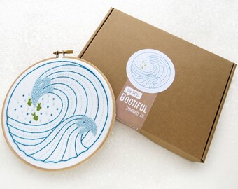 Modern Embroidery Kit, Ocean Waves DIY Hoop Art, Modern Needlework Kit, Embroidery Tutorial, DIY Gift for Her, Beginners Embroidery Kit