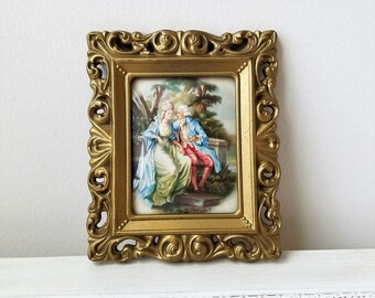 Vintage Woman Man Courting Couple Art Print In Ornate Gold Frame Convex Bubble Glass By Amsterdam Holland, French Lovers, Marie Antoinette