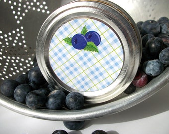 Plaid Blueberry canning jar labels, round blue mason jar stickers for fruit preservation, cottage chic preserves jam and jelly jar labels