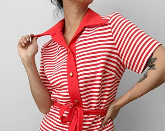 Vintage, 1970's, 70's, Red, White, Stripe, Wide-Lapel, Button-Up, Button-Down, Tied-Waist, Short-Sleeve, Shirt, Top