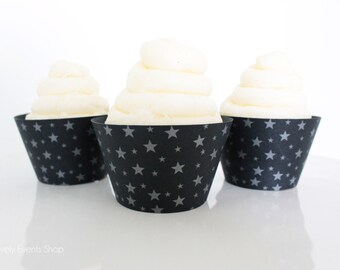 Black And Silver Star Cupcake Wrappers, Star Cupcake Wrappers, Night Sky Cupcake Wrappers, Star Cupcake-Set Of 6,12,16,24+