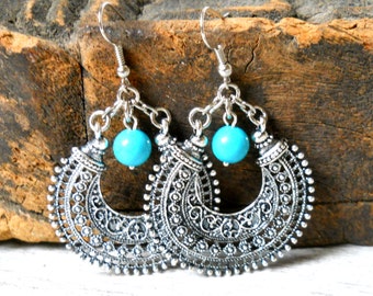 ethnic earrings gypsy earrings silver hoop earrings bohemian earrings turquoise dangle earrings turquoise earrings boho earrings