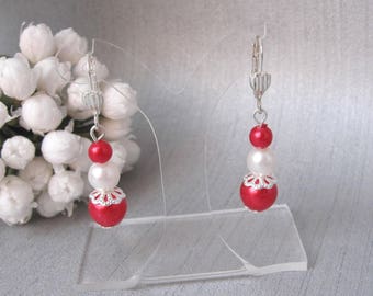 Earrings red and white 3 pearls v1b