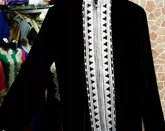 Stunning Bohemian Moroccan Tunic Jacket with Nehru Collar Black Velour Small