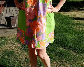 Handmade Vintage House Dress with Bright Florals and Double Pockets