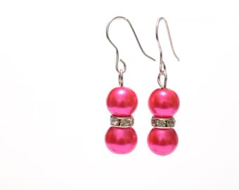 pink pearl earrings, earrings, pearl earrings, pink earrings, dangle earrings, bridesmaid earrings, drop earrings