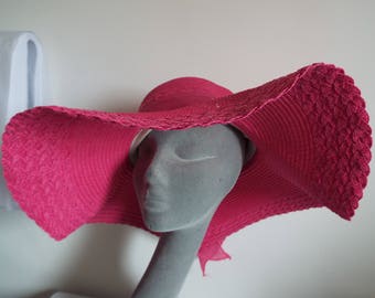 Ladies Large Floppy Hippy Hat in Cerise Straw with a Band of Hessian tied in bow at back