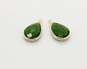 2 Pcs, Emerald Glass Pendant, Emerald Charm, 16K Gold Plated Over Brass, Framed Glass, Green Charm. 22mm x 13.5mm, Gold Bezel, 12L2-07G-01C