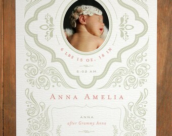 Birth Announcement (Gray Flourish - Girl) Modern, Contemporary