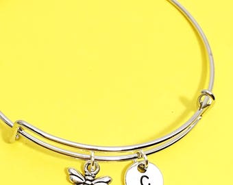 Bumblebee bangle, bee charm bracelet, Queen bee jewelry, bumble bee bracelet, custom bee jewelry, personalized,initial, honey bee, gift