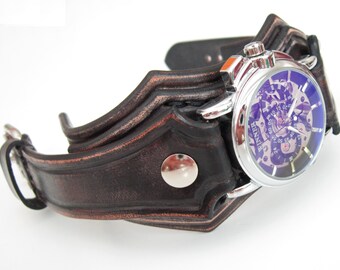 Black Leather Cuff, Wrist Watch, Black watch, Batman Watch, Black Watch Cuff