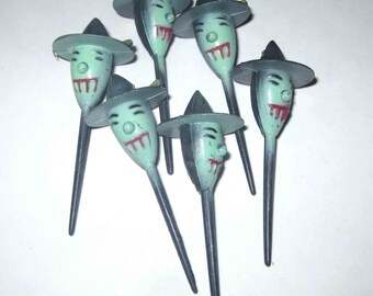 Vintage Black and Green Witch Halloween Novelty Cupcake Picks or Toppers Set of 6