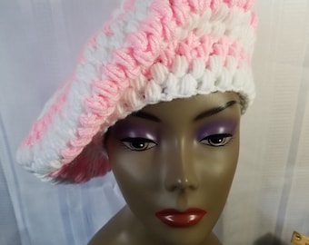 Malanda's Sunflower Beret | Crochet | Handmade | Hat | Winter Wear | Pink | White | Ribbing | Classy | Textured | Elegant | Beret | Tam