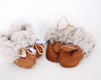 Baby Christmas Set Booties + Gloves | Baby Booties | Sheepskin Slippers Booties | Winter Booties | Newborn leather Booties