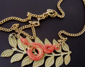 Red Snake Necklace, Serpent Necklace, Green Fern Leaf Necklace, Snake on Branch Pendant, Nature Inspired Jewelry
