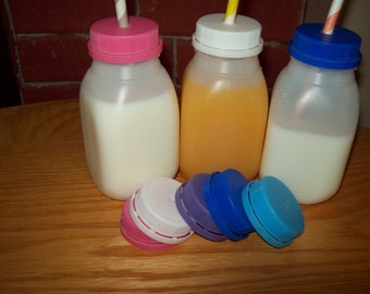 Kids Milk Bottles -Juice Bottles / Lids with Straws Holes Brithday Set of 5
