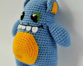 Crochet Blue monster with yellow belly. FREE SHIPPING.
