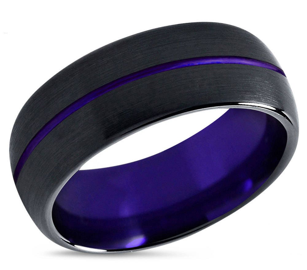 Tungsten Ring Purple, Mens Wedding Band Black 8mm, Wedding