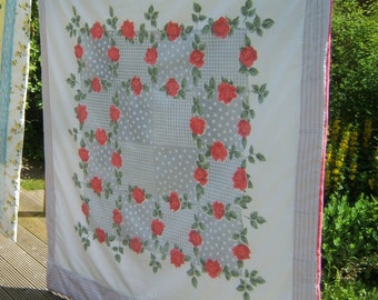Reversible Quilt, Sofa throw, Picnic Blanket, Lap Quilt with Fifties Red Roses one side, Retro Squares the other