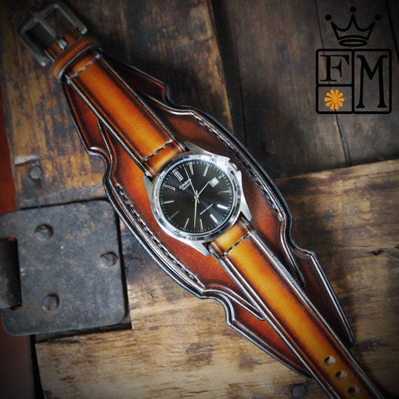 Leather cuff watch western sunburst layered Brown watch band cuff Bracelet Handmade for YOU in USA by Freddie Matara