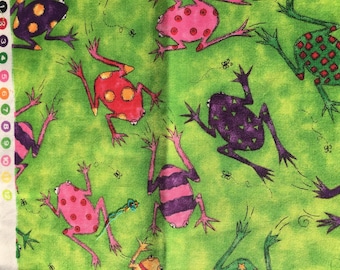 Vintage Cotton Fabric patch frogs lime green multicolour frog jungle animal -bright pattern retro material
