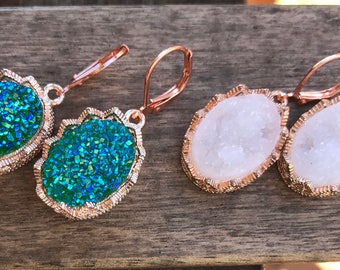 Rose gold Druzy earrings, rose gold earrings, rose gold druzy, Faux Druzy earrings, Druzy Pendant earrings, Boho Jewelry, Druzy earrings