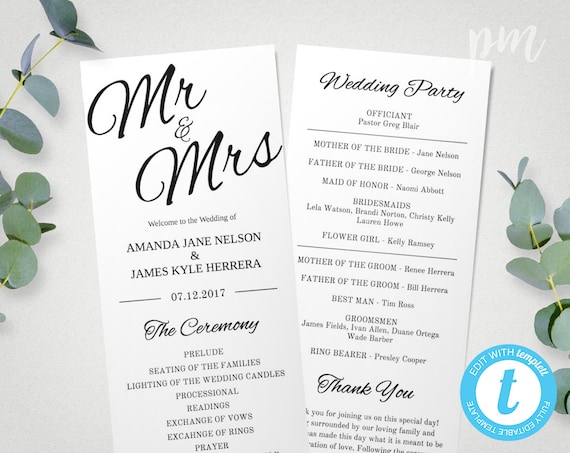 Printable Wedding Program Template Mr & Mrs Instant Download