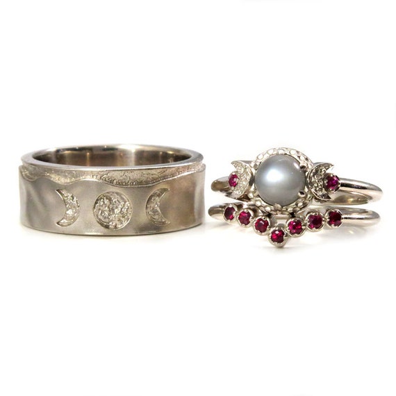 His and Hers White Gold Triple Moon Goddess Wedding Ring Set - Gray Moonstone and Rubies