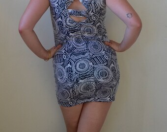 Grey and white abstract print- tribal/90s dress with criss cross back detail- S/M