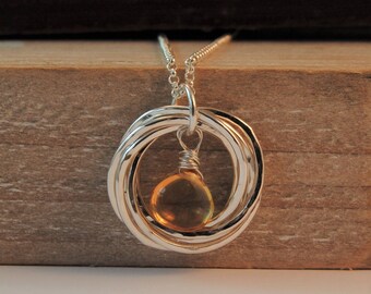 6 Rings Citrine Necklace, November Birthday, Citrine Gemstone, 60th Birthday Necklace, 6 Rings Necklace, Yellow Gemstone, Gift for Mom,
