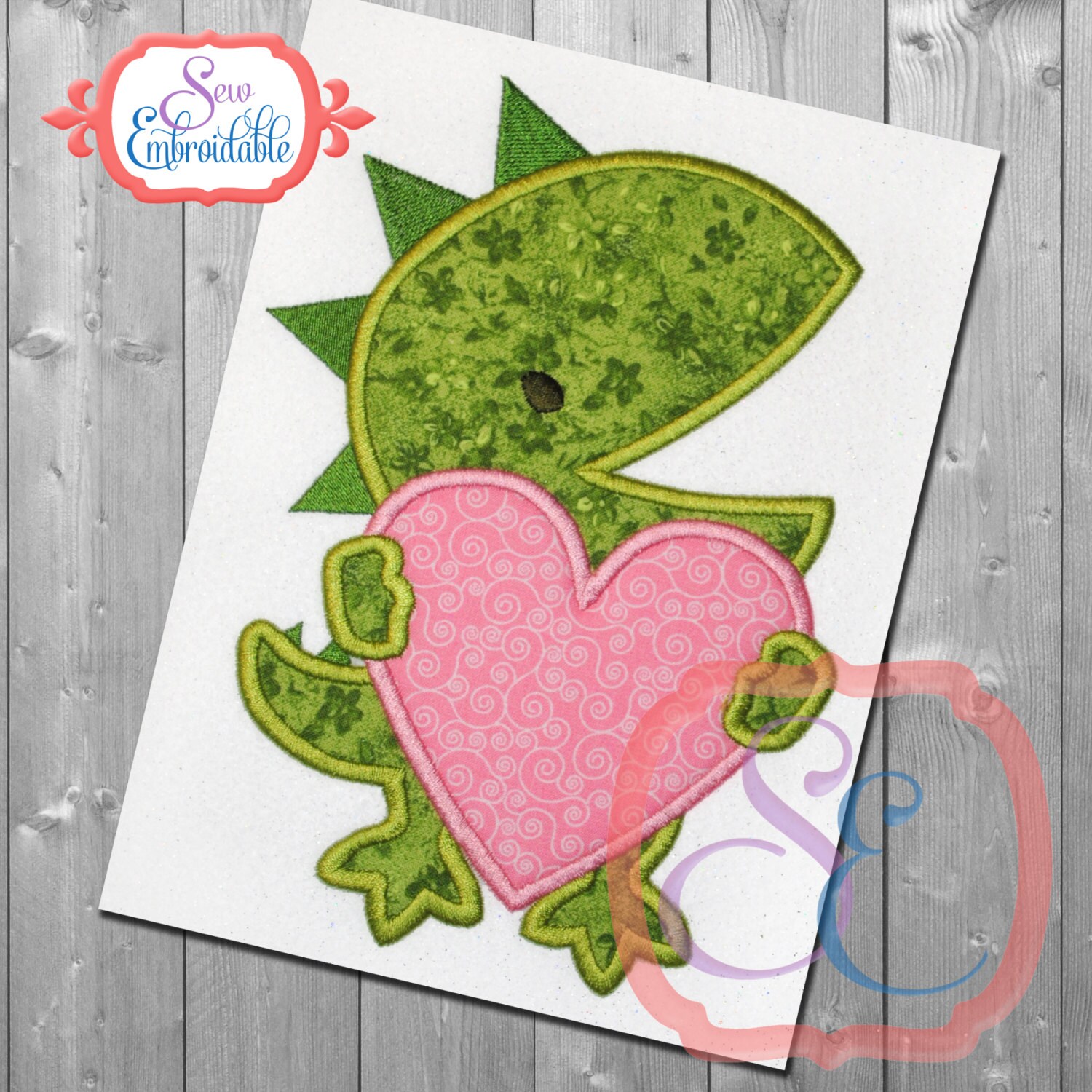 Dino with heart design for machine embroidery instant download