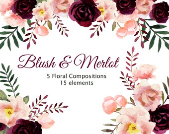 Blush and Merlot Floral Watercolor Collection, Burgundy and Blush Wedding Florals, Includes: 15 Individual Elements and 5 Floral Composition