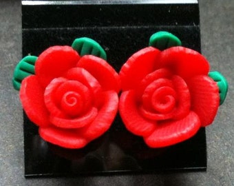 Small Red Poly Clay Flower Post Earrings