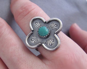 Hand Stamped Turquoise Sterling Silver Ring One Of A Kind Size 7 1/2