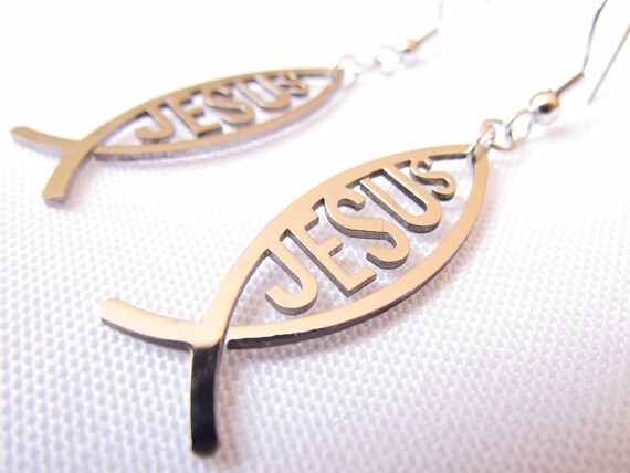High Gloss Hand Polished Silver Jesus Fish Cut Out Earrings Necklace Stainless Steel Ichthus Ichthys ΙΧΘΥΣ Greek - Saint Michaels Jewelry