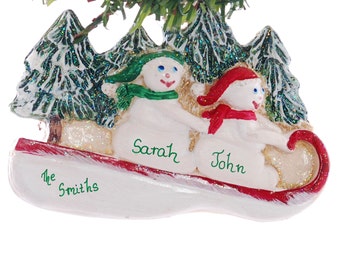 Personalized ornament - couples ornament - snowmen sledding Christmas ornament personalized free your names and phrase made in the USA (110)