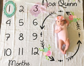 Month to Month Baby Blanket, Baby Girl Milestones, Monthly Baby Pictures, Baby Girl Blanket, Swaddle Blanket, Name Blanket