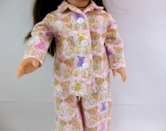 Flannelette Pink Teddy Bear Pajamas for 18 inch Doll Fits American Girl Doll Sleepwear Toys