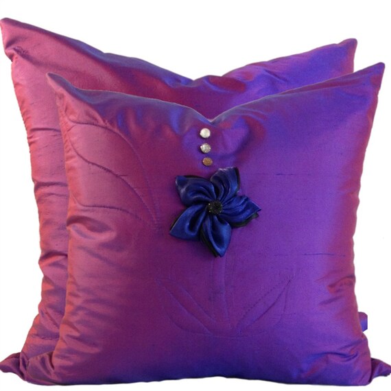 Purple SILK Pillow Cover Set with Flower 16x16 18 x 18 20 x