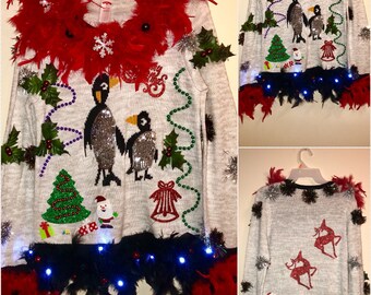Ugly tacky Christmas Sweater Penguins Galore With Red Boas and Lights and lots and Lots of trinkets (Award Winner) Sizes M & S/CH