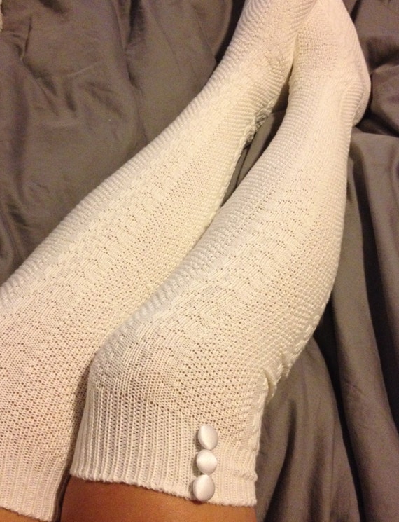 Cream Boot Socks with Satin Covered Buttons Over the Knee