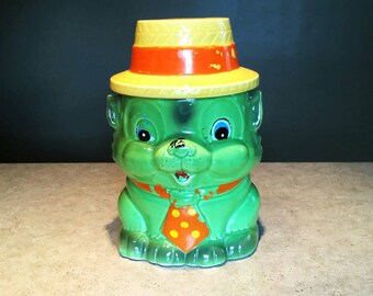 Vintage Cookie Jar, Dog with a Pokadot Tie and Straw Hat, Vintage Japan Container