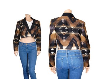 Medium Rodeo Shirt // Black & Tan Western 90s Crop Top // A90