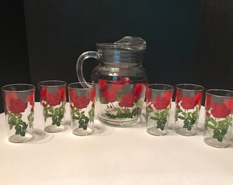 Vintage Rose Design Pitcher & 6 Tumbler Set