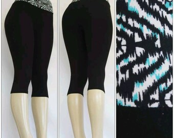 Black Yoga Capri Leggings with Blue Waist Design