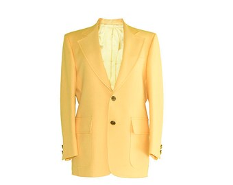 Men's Vintage Blazer, Yellow Sport Coat, 1970s Polyester Jacket, Brass Buttons, Patch Pockets, 36R, Work Appropriate
