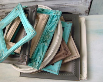 Coastal Vintage Picture Frames, Aqua, Gray, Set of 10 Painted Vintage Frames, MADE to ORDER Cottage Chic Frame Gallery, Ornate Frames