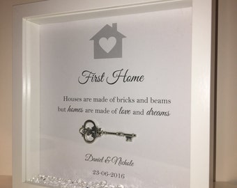 Handmade Personalised Box Frame, New Home or First Home Present with Key - Loose Diamonds & sparkle.. Perfect personalized gift, happy home