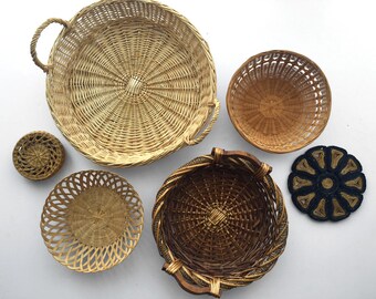 Vintage Set of Woven Baskets and Trivets (Six Pieces)