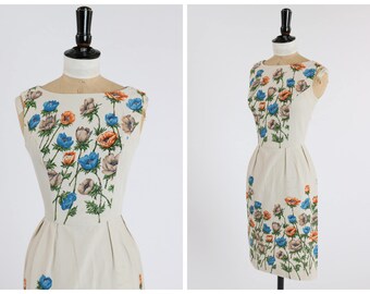 Vintage original 1950s 50s striking wiggle floral border print dress blue and orange John Woolf ? UK 6 8 US 2 4 XS